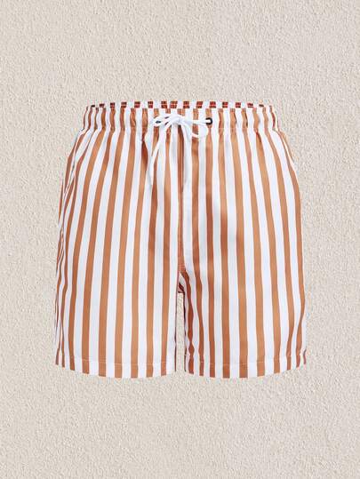 Manfinity Swimmode 男士泳裤，抽绳腰带，安全口袋，轻便四向弹力条纹，适合海滩度假、休闲度假，多色面料，无弹力内衬沙滩短裤，适合夏威夷夏季热带假期穿着。