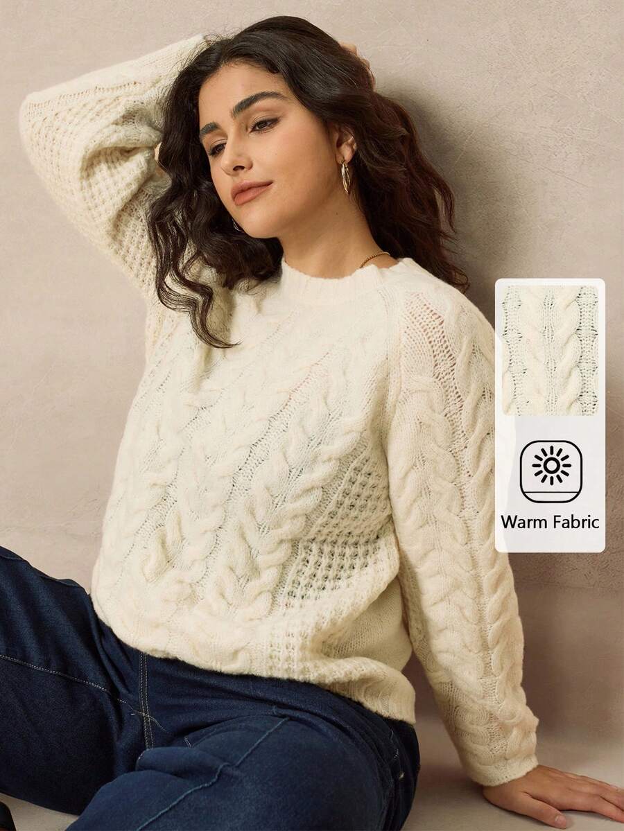 Juhart 女士纯色圆领抽绳休闲日常套头毛衣 - 杏色 - 查看 1