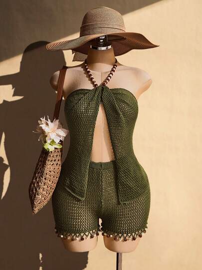 SHEIN ICON Plus Size Women's Beaded Green Knit Set