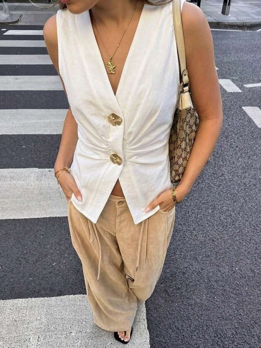 Aloruh 女士优雅纯色杏色褶裥装饰休闲薄款西装背心