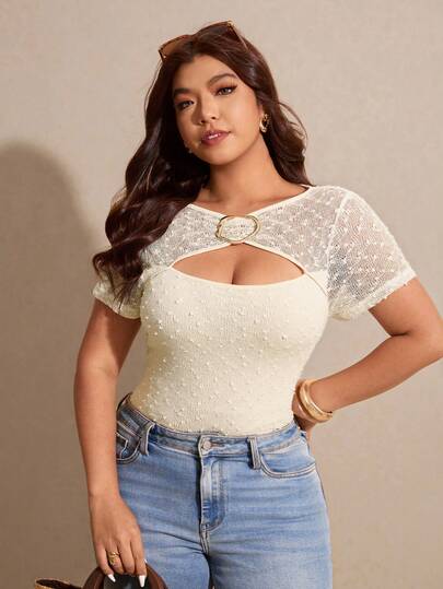 Elaquor Plus Size Summer Casual All-Match Versatile Metal Buckle Apricot Women T-Shirt