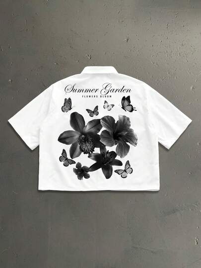 StoneGrade Ink Floral Handwritten Font Casual Print Men's Regular Fit Short Sleeve Shirt, Essential For Dates And Gatherings, Suitable As Gift For Boyfriend