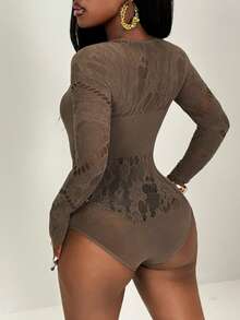 BamGleam Body de manga larga sexy con diseño de encaje calado para mujer - Marrón - Ver 2