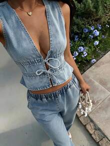 Sunnyshic Spring/Summer Fashion Casual Tie-Up Loose Washed Denim Blouse - Light Wash - View 1