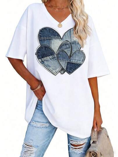 EMERY ROSE 女士加大码V领仿牛仔爱心图案T恤 - 春夏休闲短袖上衣，中等弹力面料，可机洗，女士T恤
