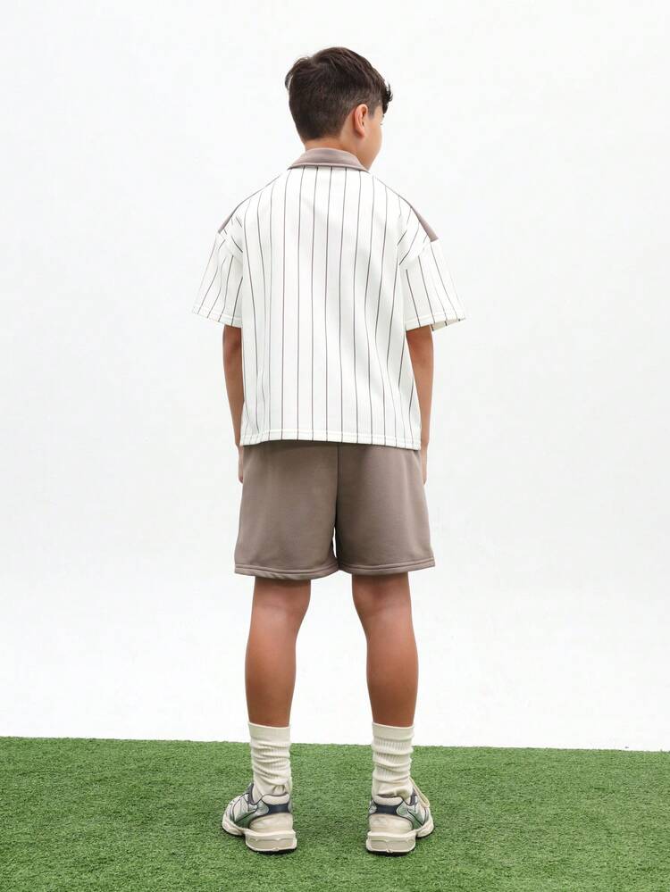 Tween Boys Vertical Striped Polo Shirt And Shorts Two Piece Co-Ord Set With Contrast Collar Club Text Casual Summer Outfit , World Cup