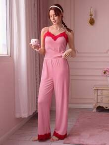 Bonmuse 欧美性感女士粉色蕾丝拼接睡衣套装 - 彩色 - 查看 6