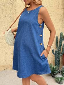 SHEIN 孕妇圆领纽扣休闲日常派对外出牛仔连衣裙夏季嘉年华服装通勤度假毕业时尚Y2K可爱街头风性感派对婚礼优雅商务休闲女式休闲蓝色牛仔无袖A字连衣裙，纽扣细节，完美夏季 - 藍色 - 查看 6