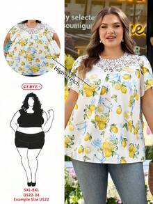 SHEIN CURVE+ 加大码 US22 音乐节、海滨度假、波西米亚风女士假日蕾丝花卉印花花瓣短袖衬衫 夏季/乡村/海滩度假/沙滩装、夏季上衣 - 白色 - 查看 6