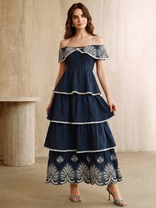 Anewsta Summer Holiday Outfit Romantic Off-Shoulder Ruffle Hem Cake Elegant Ladies Vacation Dress Bohemian Dresses For Women Mediterranean Style Clothes French Style Dress - Navy Blue - View 6