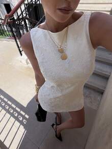 Siren Gaze Đầm ngắn dự tiệc/hẹn hò thời trang bằng vải jacquard dành cho nữ. - Màu be - Xem 5