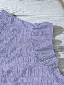 SHEIN JORESS Plus Size Women's Solid Color Textured V-Neck Ruffle Trim Petal Sleeve Fitted Casual Regular Blouse - Lilac Purple - View 5