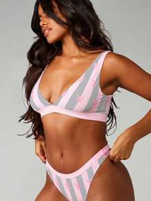 Missguided x Playboy 女士条纹性感丁字裤兔女郎印花粉灰色贴身内衣 - 淺灰色 - 查看 3