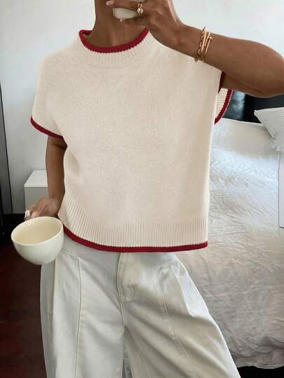 Siren Gaze Dames casual gebreide top met ronde hals en korte mouwen in contrasterende kleuren