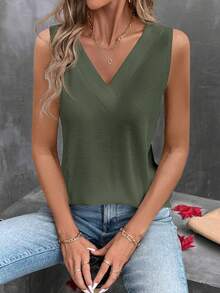 EMERY ROSE Women's Solid Color V-Neck Casual Versatile Tank Top - Army Green - View 4
