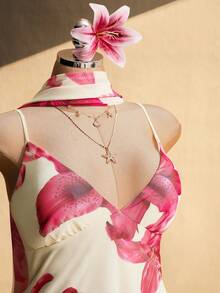 SHEIN ICON 大码女式印花优雅吊带连衣裙 - 白色 - 查看 6