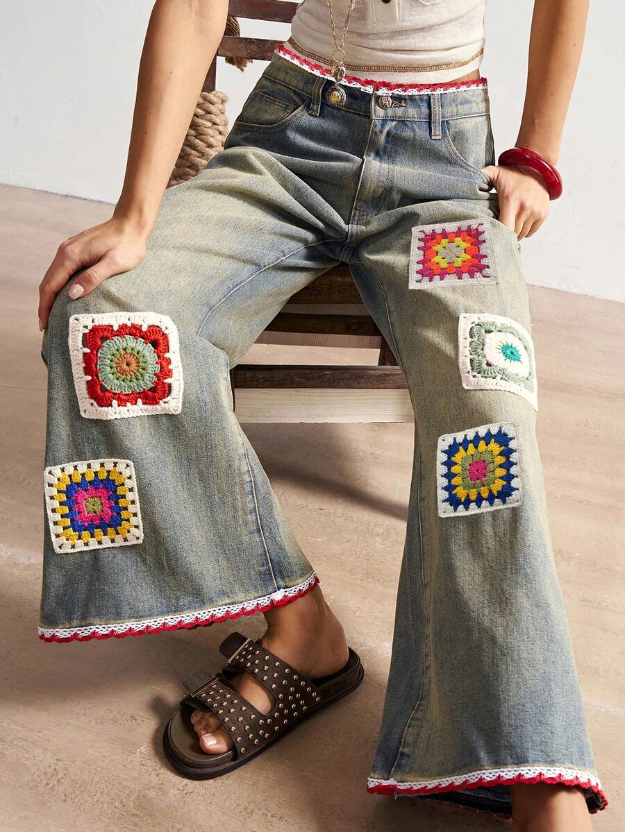 Bohemela Quần ống rộng dáng suông phong cách Boho mùa Đông/Xuân dành cho nữ, kiểu dáng vintage thường ngày, thời trang đường phố, phong cách nghỉ mát Boho, chất liệu móc len phối nhiều mảnh, kiểu miền Tây hoang dã, thích hợp cho các buổi hòa nhạc, tiệc tùng, đi biển, mặc hàng ngày, đi học, đi chơi, năm mới, Lễ tình nhân, kỳ nghỉ hè những năm 2000/Y2K, đi biển. - Màu xanh lam - Xem 1