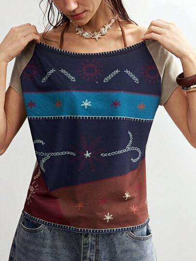 Bohemela Women's Floral Print Raglan Short Sleeve Casual T-Shirt