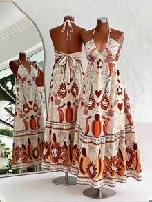 Firerie Đầm hở lưng cổ yếm họa tiết nhiệt đới cỡ lớn, thích hợp cho kỳ nghỉ thường ngày. - Nhiều màu - Xem 9