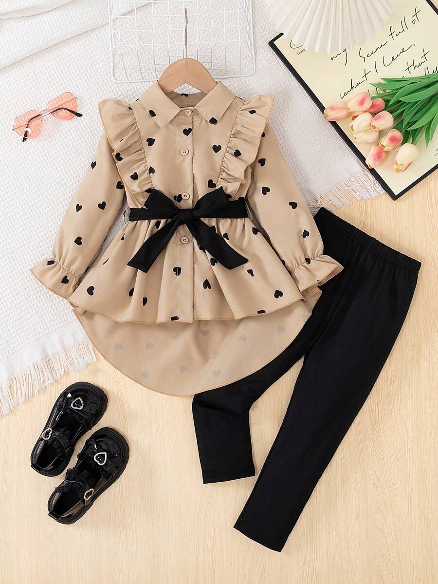 SHEIN Elladie kids 2 Stücke Mädchen Outfit mit Taille Gürtel Top und Leggings, stilvolles Design, Frühling/Herbst - Khaki - Übersicht 1