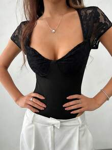 RiviMae 优雅蕾丝拼接连体衣，黑色短袖连体衣，适合春夏穿着，性感胸衣式连体衣 - 黑色 - 查看 8