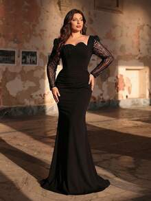 Aureia Vestido de punto con bajo de sirena, cuello redondo, manga larga, transparencia en el pecho, decoración de lentejuelas, parches de lentejuelas de lujo, adecuado para celebraciones, fiestas, eventos formales, galas, talla grande, estilo minimalista elegante en color negro - Negro - Ver 3