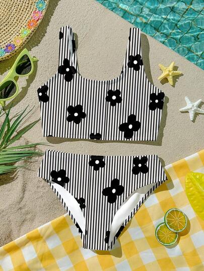 Süßer Retro Schwarz-Weiß gestreifter Blume Muster Tween Mädchen Casual Minimalist Trägerhemd & Dreieck Bikini Badeanzug Set, geeignet für Sommer Strand Urlaub Fotoshooting, Passend, Sommerfest, Ästhetischer Badeanzug, Pool Party, Sommercamp, Cottagecore, Strandmode