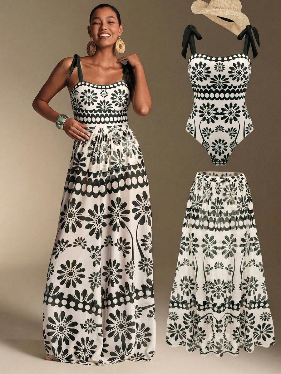 SHEIN Swim Oasis 26SS 春夏度假沙滩波西米亚风绿色碎花连体泳衣及半裙套装 - 彩色 - 查看 1