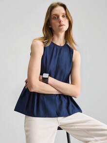 Ontre Women's Navy Blue Sleeveless Top,Summer Casual Everyday Round Neck Loose A-Line Woven Shirt,Modern Urban Chic Office Wear,Elegant Wedding Party Top - Navy Blue - View 5