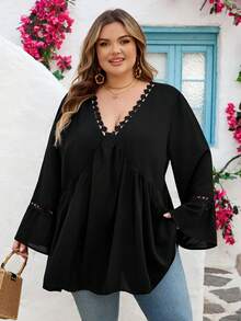 SHEIN CURVE+ 加大码 US22 音乐节、海滨度假、波西米亚风休闲白色喇叭袖波西米亚风亚麻衬衫 沙滩/海滩度假/海滩必备/毕业典礼/下午茶会 黑色娃娃衫上衣 - 黑色 - 查看 7
