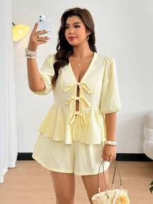 Easura Plus Size Women's Fashion Elegant Vacation Deep V Bow Tie Puff Sleeve Shirt And Loose Shorts 2-Piece Set, Spring/Summer - Light Yellow - View 7