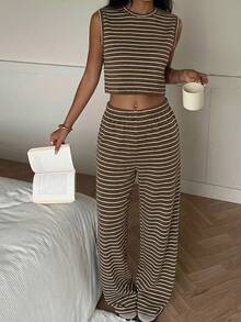 SHEIN EZwear 女士条纹针织休闲两件套，夏季 - 棕色 - 查看 1