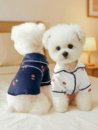 PETSIN 1pc Pet Cherry Printed Pajamas Soft And Breathable Collar Cat And Dog Home Clothes Polyester Fiber Fabric Comfortable Style Suitable For All Seasons Available In Two Colors