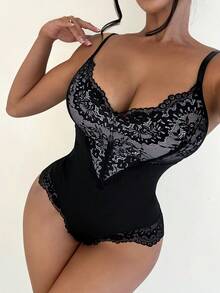 Sirith 女士蕾丝拼布细肩带修身紧身衣 - 黑色 - 查看 5