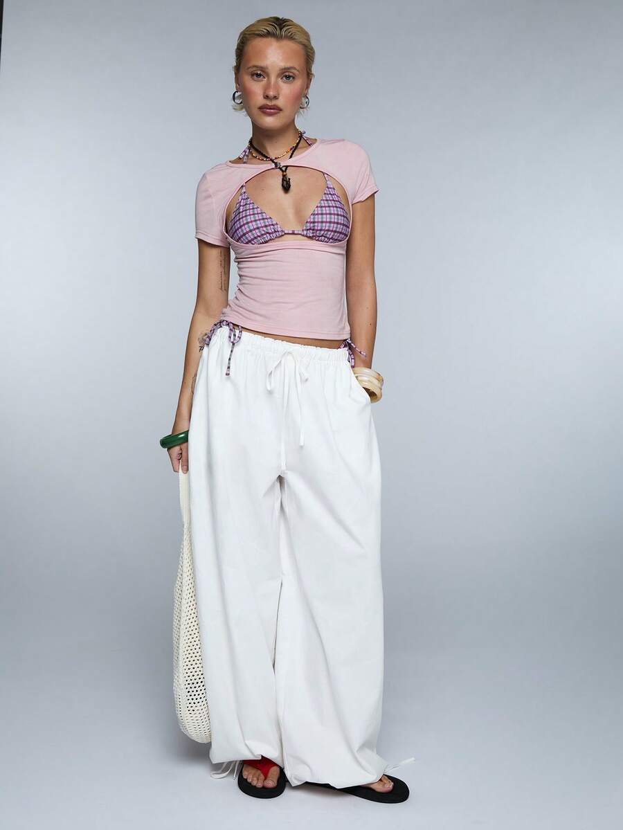 COUREZ Áo tay ngắn khoét eo / Trang phục mùa hè Y2K cho nữ, Trang phục mùa xuân cho nữ, Quần áo mùa hè, Trang phục đi nghỉ mát, Áo mùa hè, Áo đi chơi, Áo dễ thương, Áo hồng, Trang phục đi biển cho nữ - Hồng - Xem 1