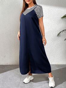 SHEIN Essnce Terno casual feminino plus size, vestido de duas peças, duas peças feminino, terno de verão, roupas para shows, roupas para sair, roupa para shows country de verão - Azul marinho - Ver 3