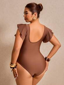 Elaquor Plus Size Women's Sequin Patchwork Front Tie Ruffle Sleeve One-Piece Swimsuit Summer Beach Vacation - Coffee Brown - View 2