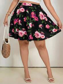 SHEIN Tall CURVE Falda-pantalón con estampado floral bohemio de talla grande para mujer, con bolsillos, para vacaciones - Negro - Ver 5