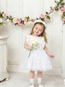 SHEIN 女婴优雅蝴蝶结装饰网纱荷叶边提花连衣裙 - 白色 - 查看 5