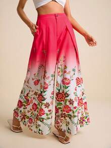 LOTSLUV Women's Fuchsia Ombre Tropical Floral Print Wide Leg Pants With Pockets,White And Pink,Summer,Elegant,Vacation,Holiday Long Trousers For Women - Multicolor - View 3