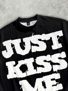 Manfinity ZONE917 Loose Street Style Faux Embroidered "JUST " Red Lip Print Cropped Oversized T-Shirt - Multicolor - View 2