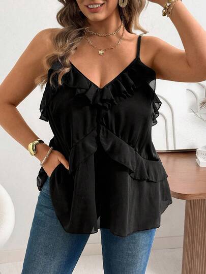 Ceyna Plus Size Women Solid Color Ruffle Trim Casual Camisole Black Ruffle Top Black Summer Top Black Cami Top Elegant Black Top Ruffle Camisole