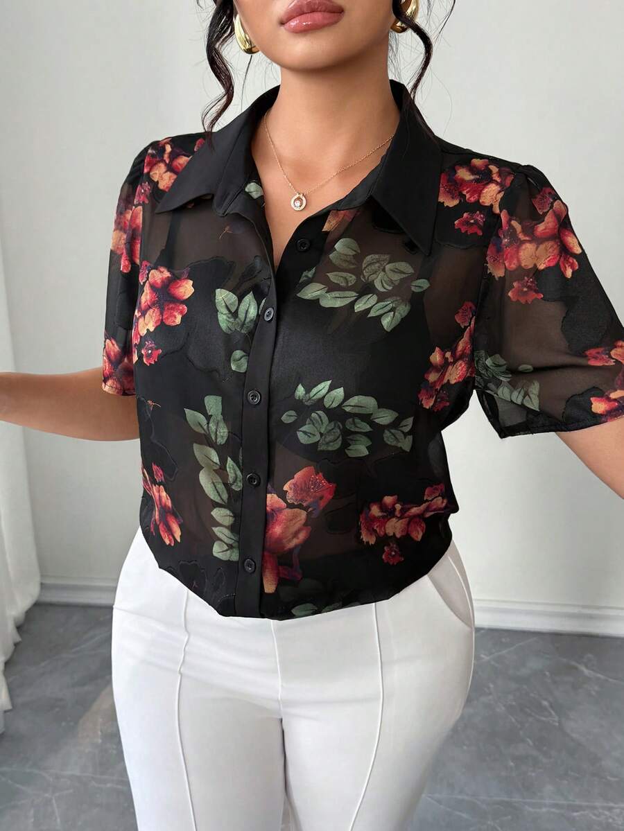 Elenzga 大码女式优雅纯色拼接领短袖宽松百搭半透明雪纺印花休闲假日衬衫 - 黑色 - 查看 1