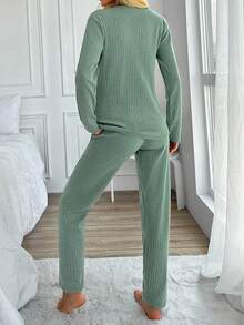 Loomlin 100%Cotton Letter Embroidery Ribbed Knit Lounge Set - Mint Green - View 2