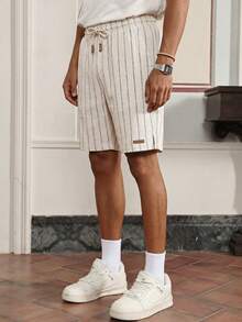 SWAVVY 男士条纹抽绳腰带休闲百搭日常短裤 - 杏色 - 查看 1