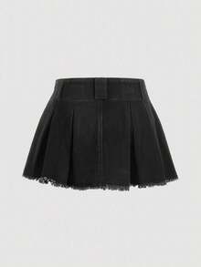 Breezaya Minifalda de mezclilla casual con cintura alta, plisada y con flecos para mujer de talla grande - Negro - Ver 8