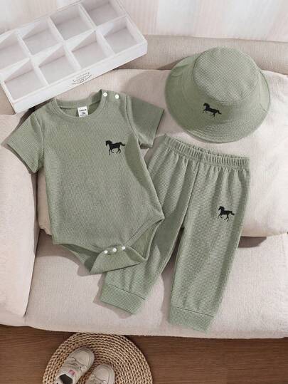 SHEIN Playful Pals 3pcs/Set Infant Baby Boy Casual Black Horse Pattern Grey Open Shoulder Romper, Matching Elastic Waist Pants And Hat, 3M-12M