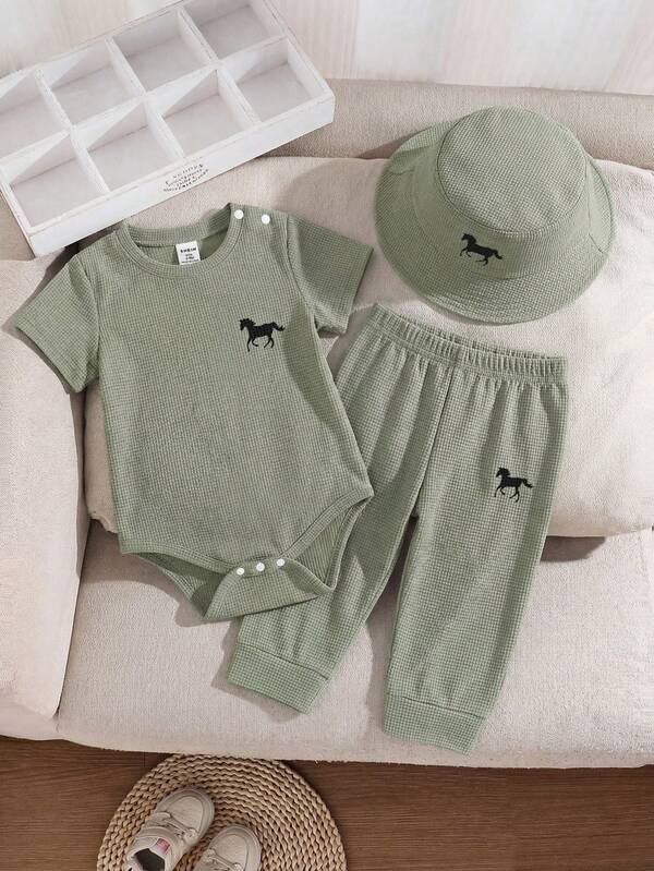 SHEIN Playful Pals 3pcs/Set Newborn Infant Baby Boy Sage Green Summer Casual Vacation Horse Pattern Romper,Elastic Waist Pants&Hat,Gender Neutral Clothes Set 3M-12M
