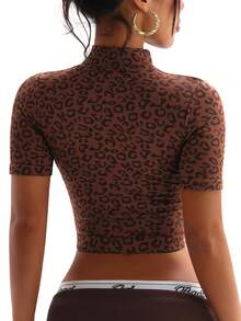 Dewbera 无缝棕色豹纹运动短款夹克 - 棕色 - 查看 2