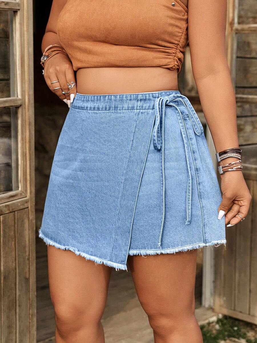 Breezaya Plus Size Women's Vintage Washed Denim Mini Skirt, Spring/Summer - Light Wash - View 1
